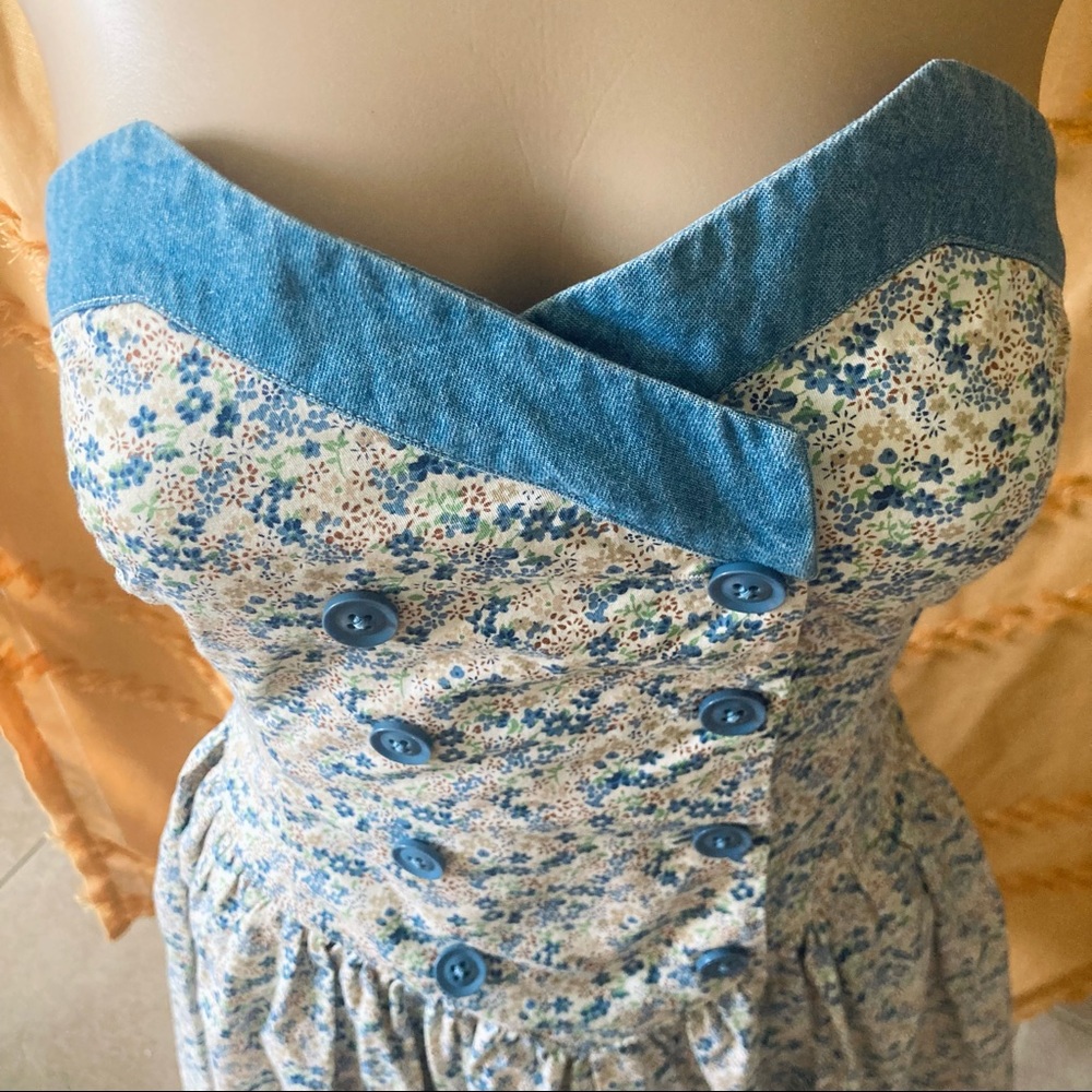 Cottagecore Prairie Floral/Denim Strapless Fit & Flare Mini Dress